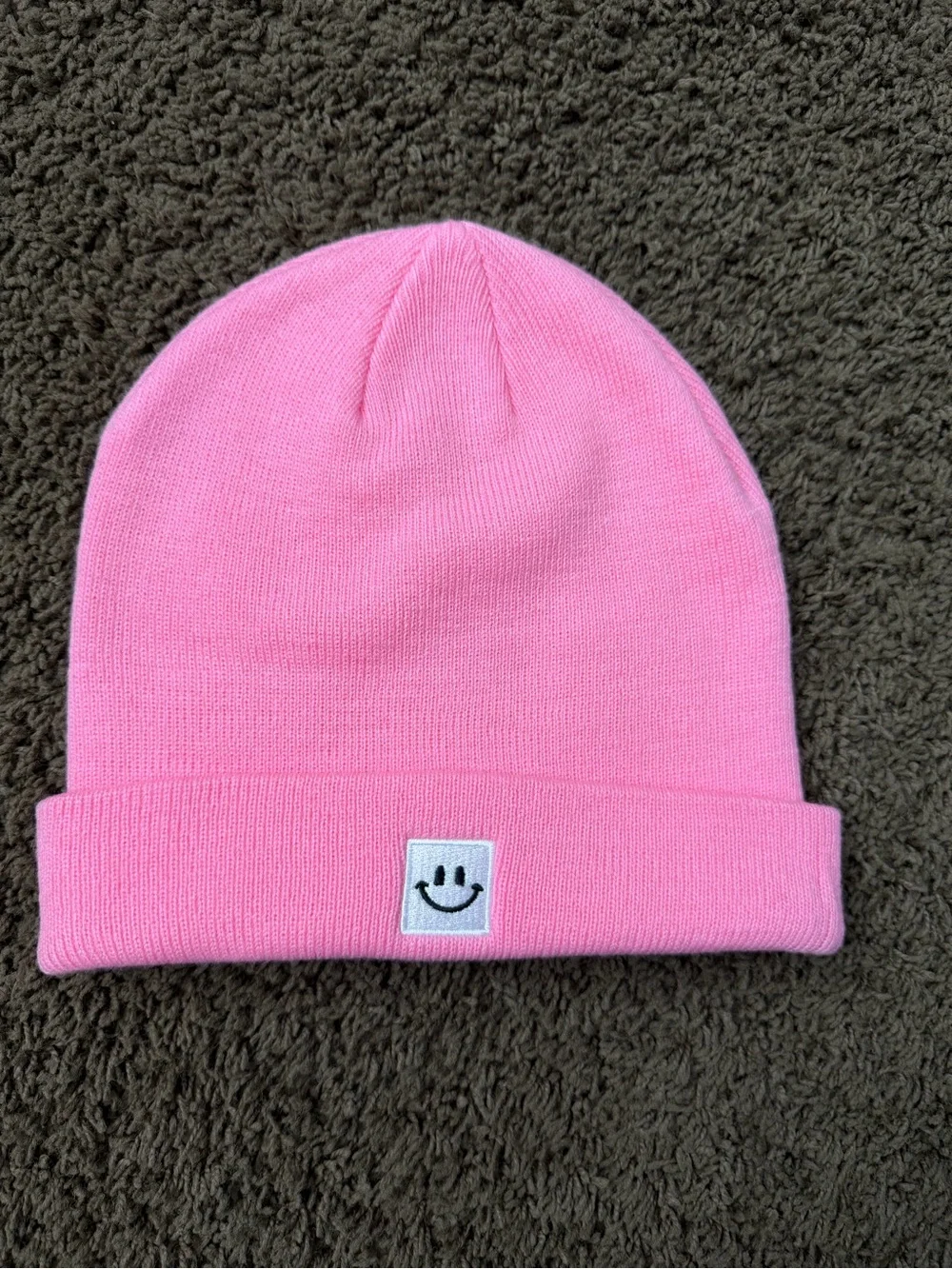 Pink Knit Acrylic Beanie Hat Women’s One Size Stretch Solid Smiley Logo Patch